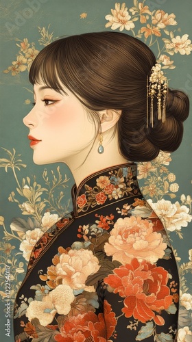 Vintage Illustration of Elegant Chinese Woman with Brown Straight Hair in Traditional Dress and Floral Background, Generative AI