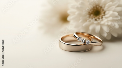 Two elegant wedding rings resting on soft surface, surrounded by delicate flowers, symbolize love and commitment. rings feature smooth band and sparkling diamonds, creating romantic atmosphere