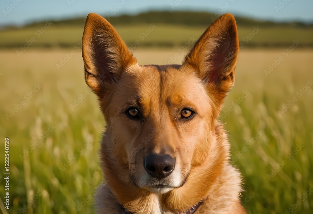A close-up portrait of a dog with erect ears and a confident expression, set in a grassy field under a clear blue sky. The dog has a golden-brown coat and piercing eyes, capturing a sense of loyalty a A close-up portrait of a dog with erect ears and a confident expression, set in a grassy field under a clear blue sky. The dog has a golden-brown coat and piercing eyes, capturing a sense of loyalty a