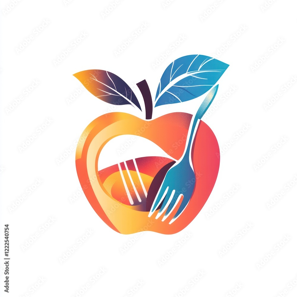 Naklejka premium Healthy eating logo design. Abstract apple and fork. Stock photo