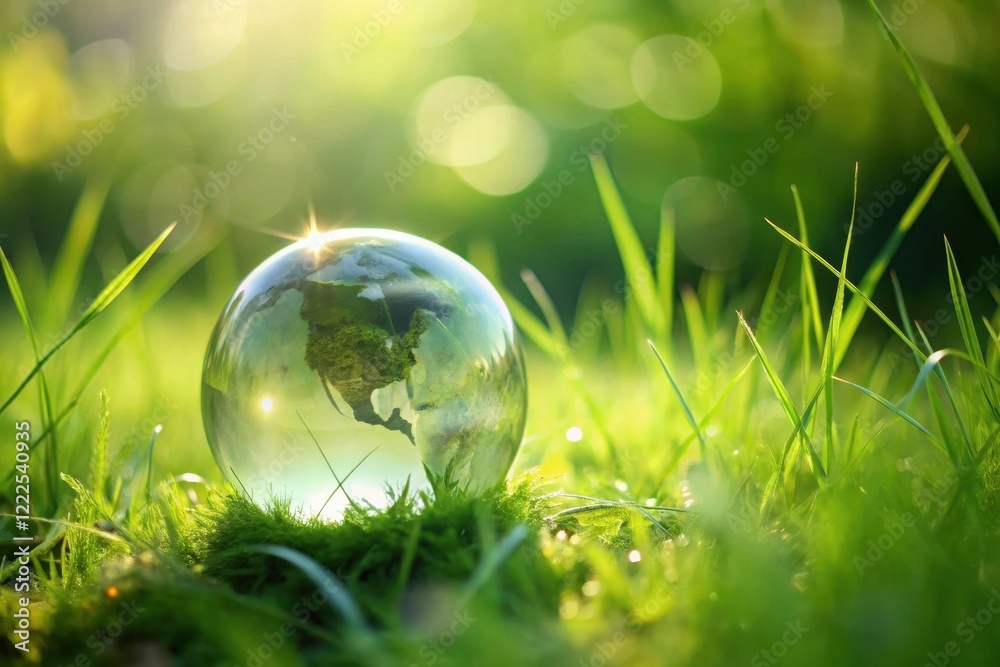 A Crystal Globe Reflecting a Verdant Planet Resting Gently Amidst Lush Green Grass, Bathed in the Warm Glow of Sunlight A Crystal Globe Reflecting a Verdant Planet Resting Gently Amidst Lush Green Grass, Bathed in the Warm Glow of Sunlight