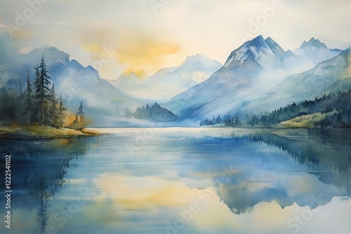Serene Mountain Lake Landscape Watercolor Painting with Reflections and Soft Colors