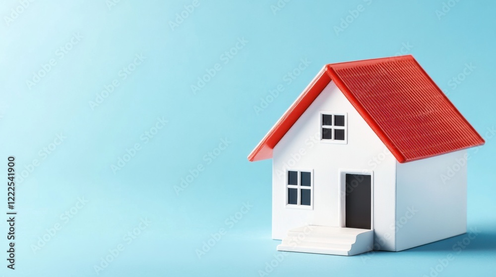 Small white model house with red roof on blue background representing home ownership and real estate concept Small white model house with red roof on blue background representing home ownership and real estate concept
