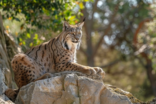 Iberian lynx relaxes on a rock in a natural environment, showcasing its alertness and regal presence photo