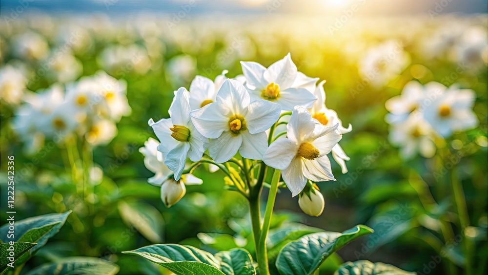 Delicate white potato blossom, a macro view of rural field life. Delicate white potato blossom, a macro view of rural field life.