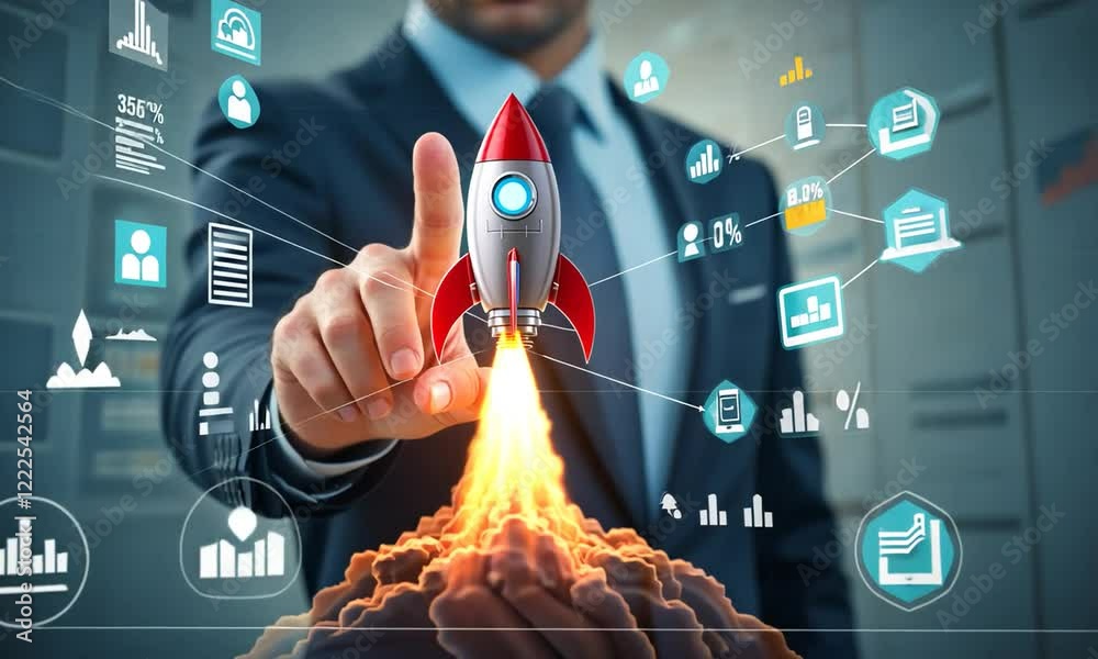 Startup business Businessman control white rocket  growth business