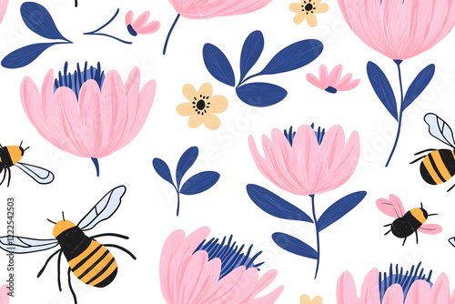 Hand drawn seamless pattern illustration of flowers and honeybees, isolated on white