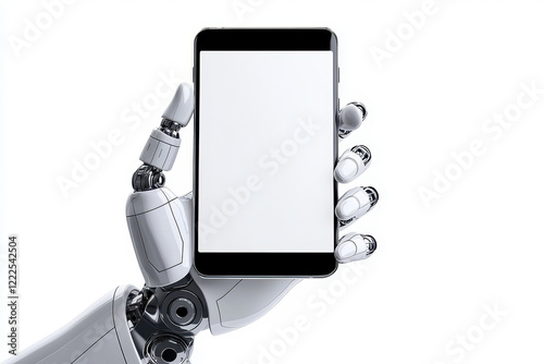 A robotic hand holding a smartphone with a blank screen for digital displays. photo