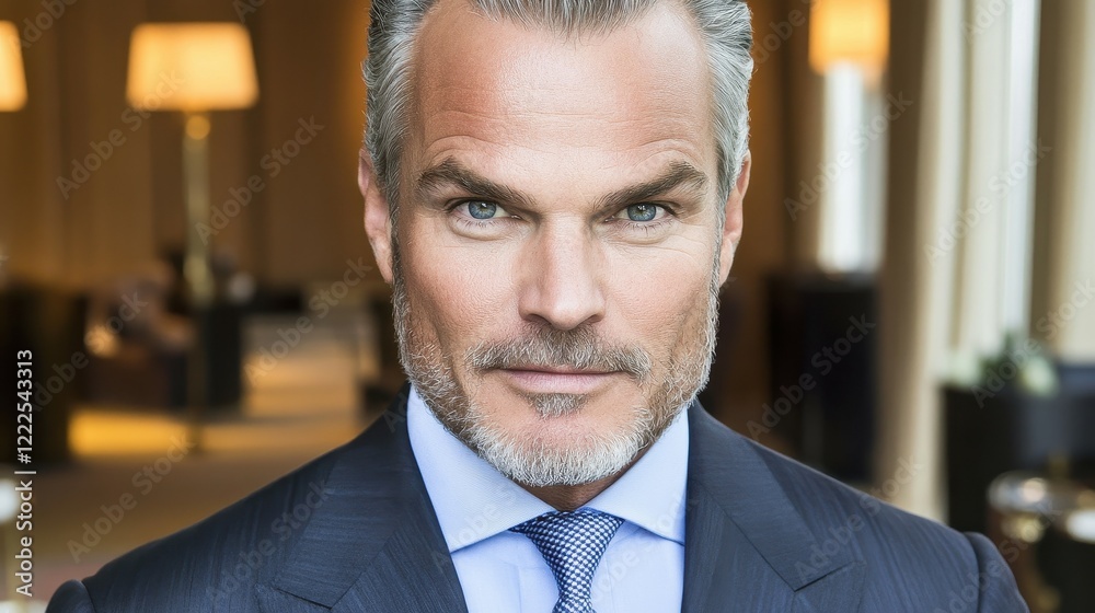 Fototapeta premium A well-groomed man with silver hair and a sharp suit stands confidently in a stylish hotel lounge during evening hours. Soft lighting enhances the elegant atmosphere