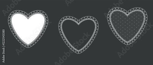 Set vector frame with lace border in the shape of a heart. Concept of love for Valentine's day or wedding design. Vector lace frames
