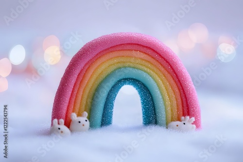 Sugary Rainbow with Cute Bunnies in Snowy Scene photo