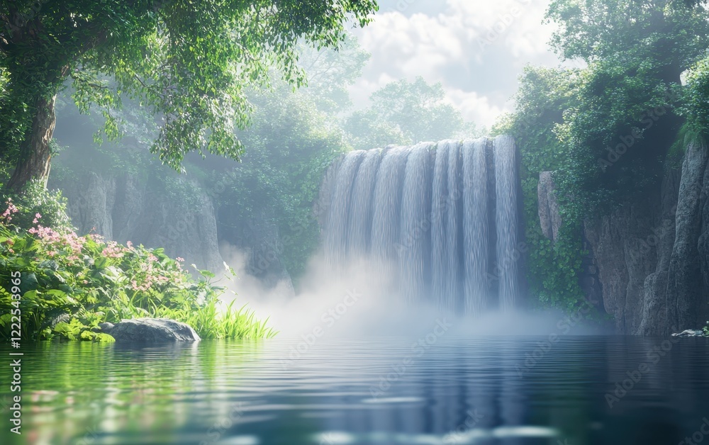 Serene Waterfall Landscape with Lush Vegetation and Misty Reflections. Serene Waterfall Landscape with Lush Vegetation and Misty Reflections.