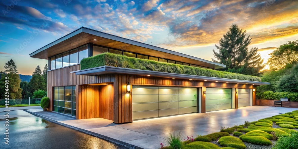 Fototapeta premium Eco-friendly garage design: passive solar, energy efficiency, sustainable materials minimize environmental impact.