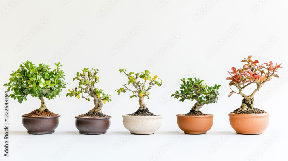 Arrangement of colorful miniature bonsai trees in various pots on white background Arrangement of colorful miniature bonsai trees in various pots on white background