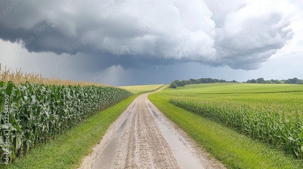 Storm clouds forming above a rural dirt road with nearby cornfields Storm clouds forming above a rural dirt road with nearby cornfields