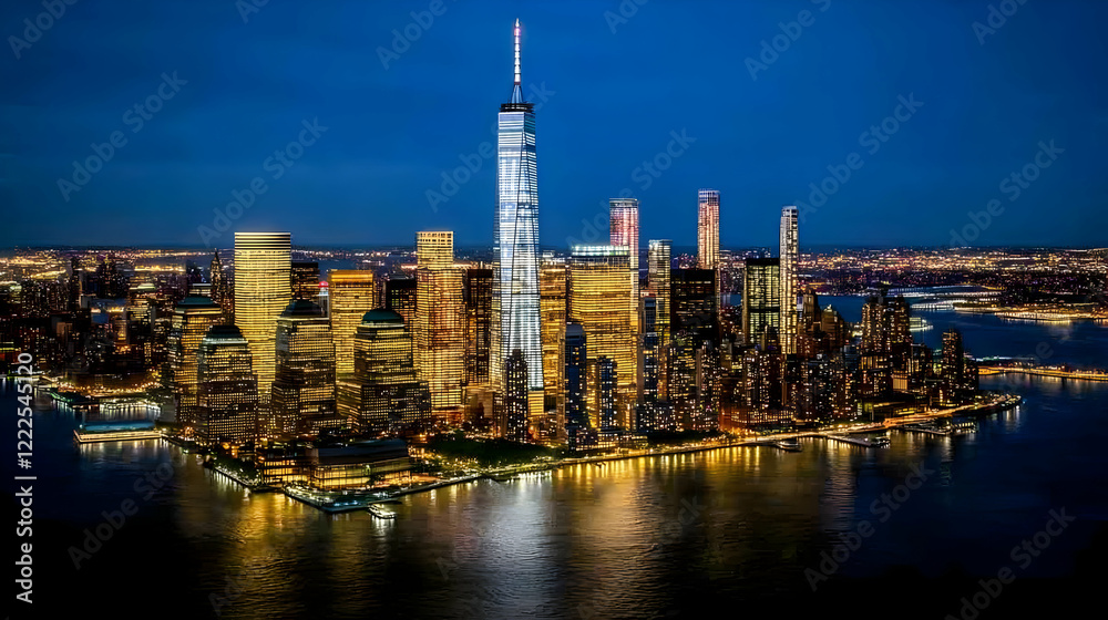 Fototapeta premium Illuminated Cityscape Dominates the Night Sky with Glowing Towers Reflected in Dark Waters