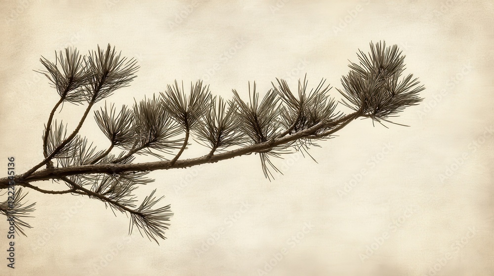 Obraz premium Sepia Toned Pine Branch Detailed Still Life on Textured Paper Background