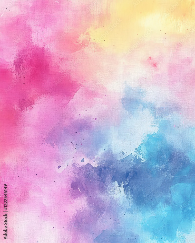 Fototapeta premium Vibrant Pastel Watercolor Texture with Pink, Yellow, and Blue Hues, Abstract Canvas Background.