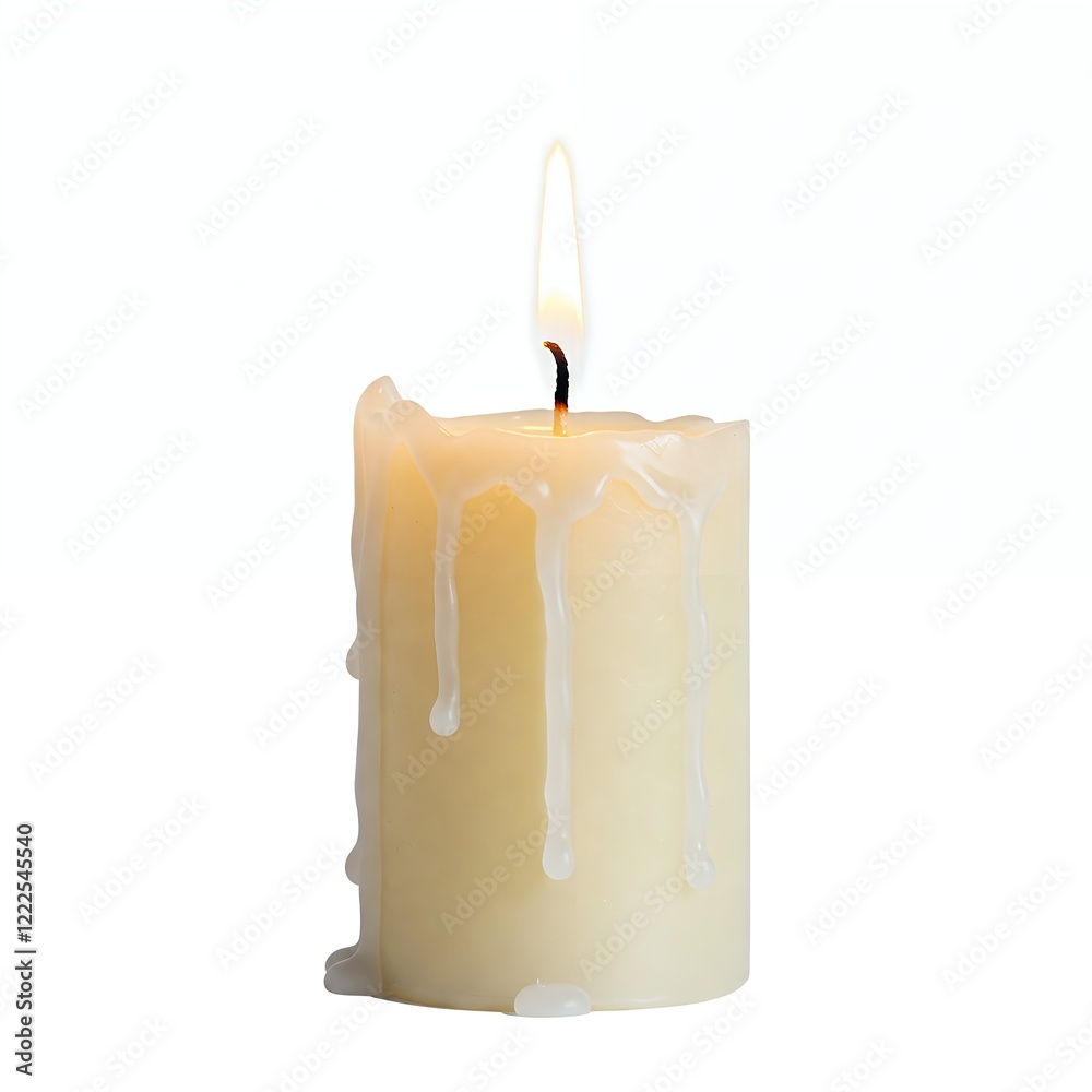 A burning candle with dripping wax, isolated on white background. A burning candle with dripping wax, isolated on white background.