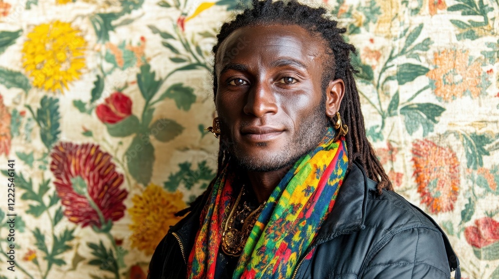 Fototapeta premium A man stands confidently, wearing a colorful scarf and a black jacket, in front of a vivid floral wall tapestry that enhances the lively atmosphere