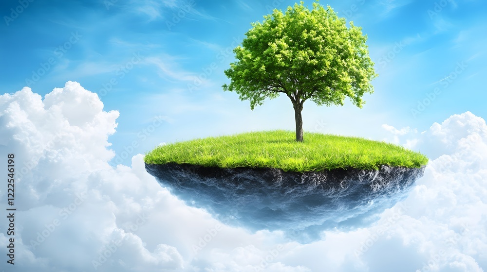 Floating Island with Tree in Sky, Surreal Nature Scene Floating Island with Tree in Sky, Surreal Nature Scene
