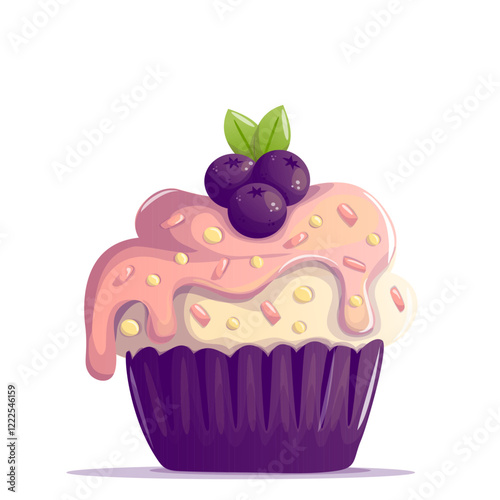 A delicious cupcake topped with smooth white frosting and juicy blueberries. This delightful treat captures the essence of sweetness and freshness, perfect for indulging in a moment of bliss.