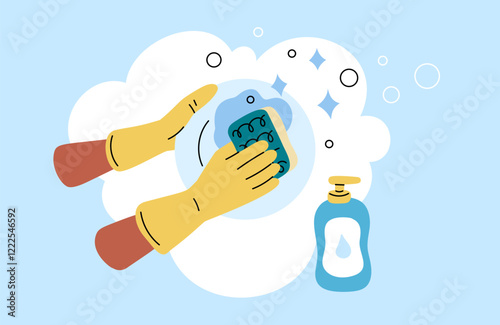 Washing dishes. Gloved hands wash plate. Bottle of cleaning agent. Kitchenware detergent. Kitchen cleanup. Household chores. Arms holding sponge. Utensil cleaner. Garish vector concept