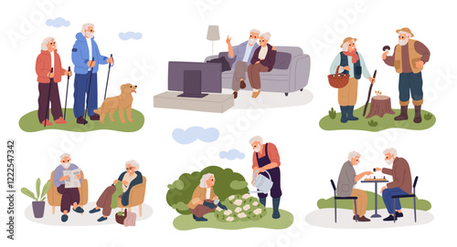 Modern senior couples. Elderly people hobbies. Active lifestyle. Old men and women walk in forest park. Grandparents play chess. Elderlies watching TV and gardening. Garish vector set