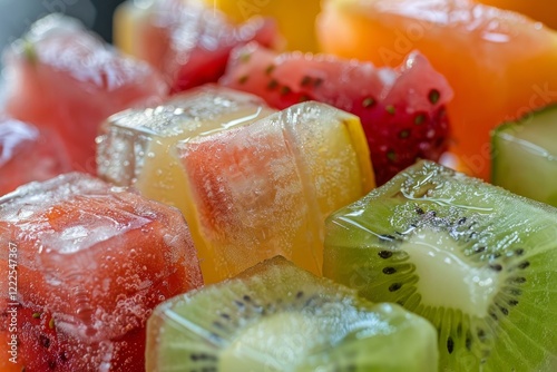 Colorful ice cubes enclosing pieces of fruit create refreshing summer treats photo