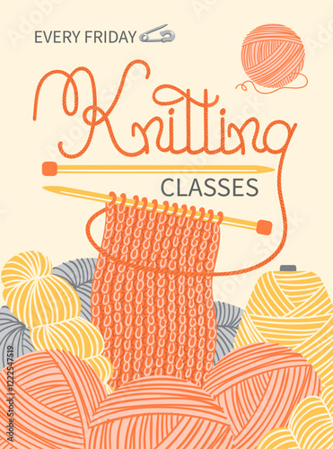 Knitted workshop poster. Handcraft hobby classes. Invitational banner. Needles knitted with woolen threads. Handmade craft courses. Crochet yarn. Handiwork studio. Splendid vector concept