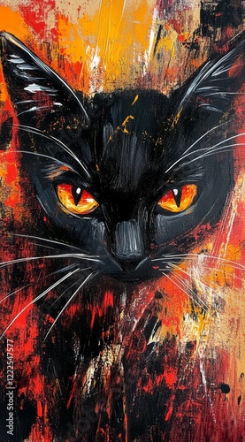 Enchanting Black Cat with Fiery Eyes in Abstract Background, Painted Portrait, Mystical Feline Art, Vibrant Colors, Fantasy Theme, Perfect for Animal Lovers and Art Enthusiasts, Generative AI