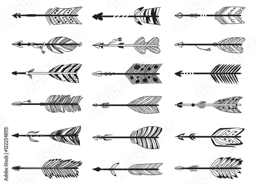 Boho arrow icons. Indian weapon. Native American decorative elements. Hand drawn doodle style. Black silhouette longbow for archery. Hunting bow parts with plumage. Splendid vector set photo