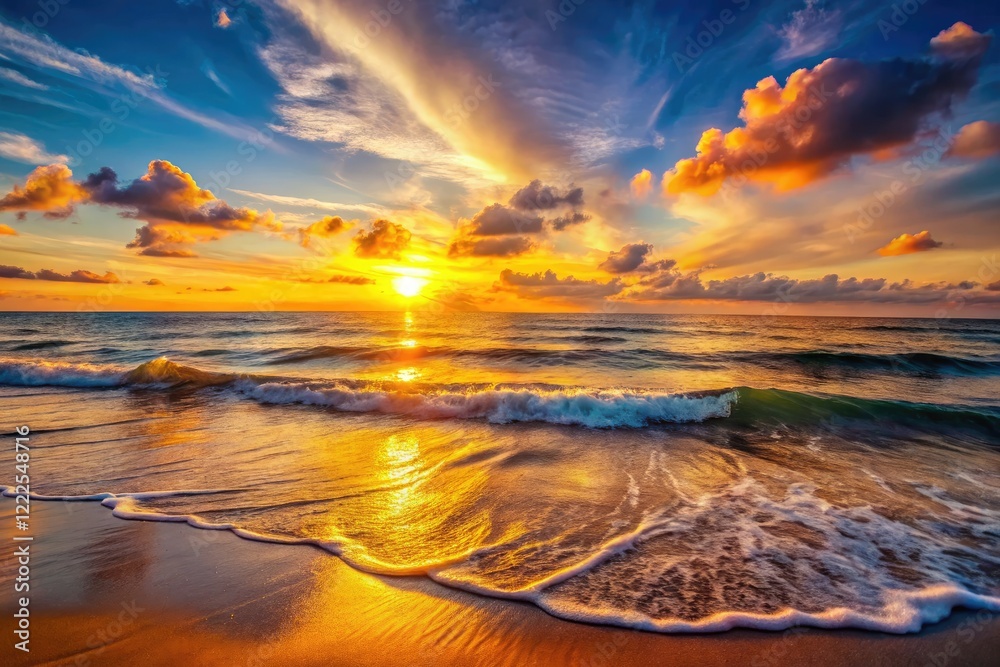 Fototapeta premium Golden hour paints the calm ocean in serene sunset hues, a long exposure capturing its tranquil beauty.