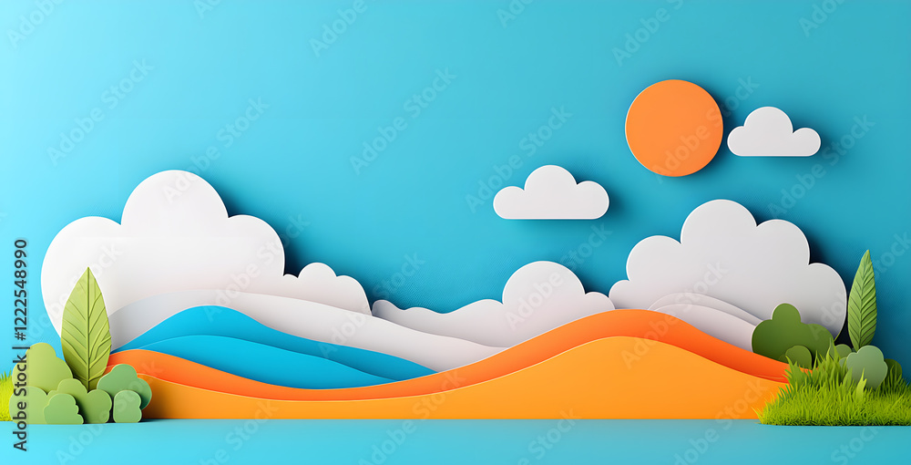 Obraz premium Landscape with mountains and sea waves in paper cut style