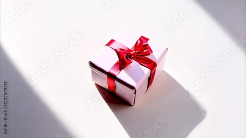 small gift box wrapped in pastel pink paper with a red satin bow, placed on a clean white surface, with soft shadows