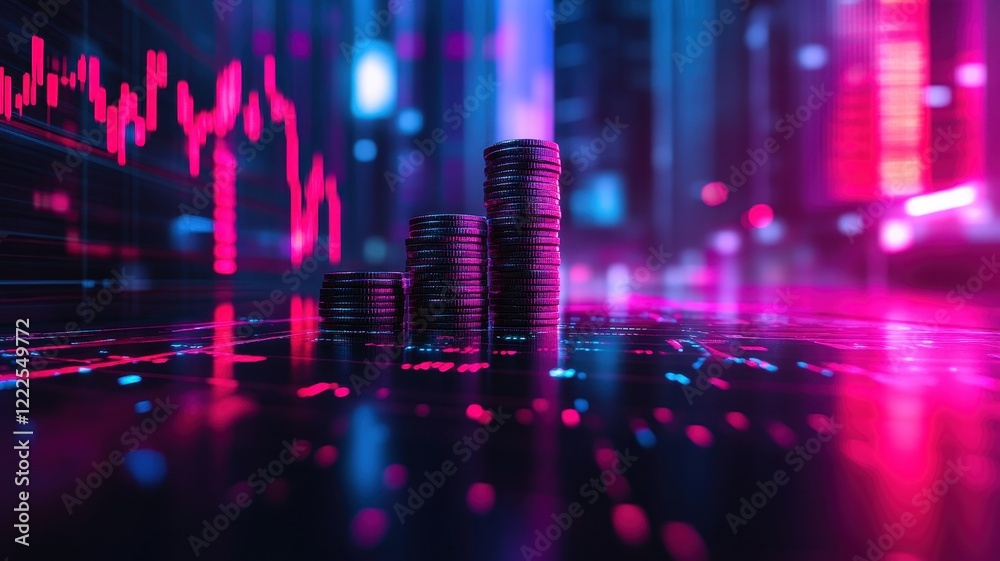 Financial growth visualization with arrows and coins urban environment digital art futuristic viewpoint Financial growth visualization with arrows and coins urban environment digital art futuristic viewpoint