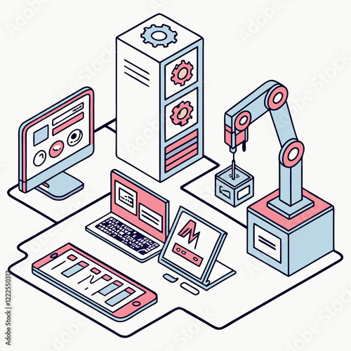 AI technology set. Workplaces with various artificial intelligence, machine learning, generative tools to searching, prompt engineering, generating content. Vector isometric