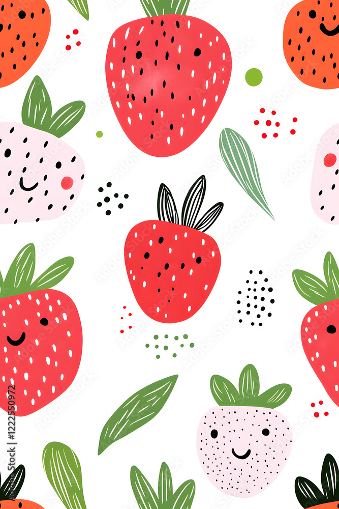 Hand-drawn seamless pattern with cute strawberry Hand-drawn seamless pattern with cute strawberry