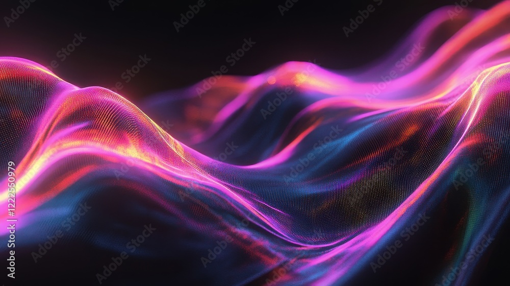 Abstract Digital Wavy Mesh Fabric with Flowing Pink and Blue Light on a Dark Background. Abstract Digital Wavy Mesh Fabric with Flowing Pink and Blue Light on a Dark Background.
