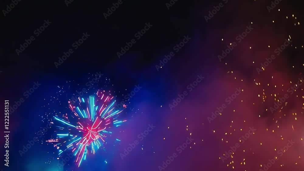 Feux d'artifice au néon éclatant dans le ciel nocturne. Feu d'artifice au néon coloré illuminant le ciel sombre en guise de célébration.