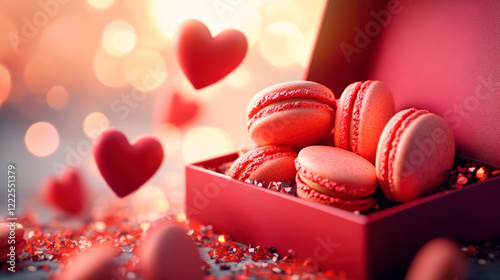 Close-up of hearts and macaron cookies are falling out of an open gift box. St.Valentines day. photo