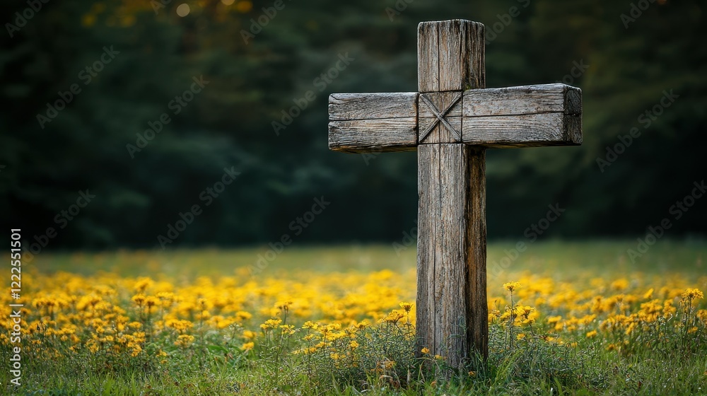 A rustic wooden cross stands in a lush green field blanketed with vibrant yellow flowers. The peaceful atmosphere is enhanced by soft evening light, creating a serene backdrop A rustic wooden cross stands in a lush green field blanketed with vibrant yellow flowers. The peaceful atmosphere is enhanced by soft evening light, creating a serene backdrop