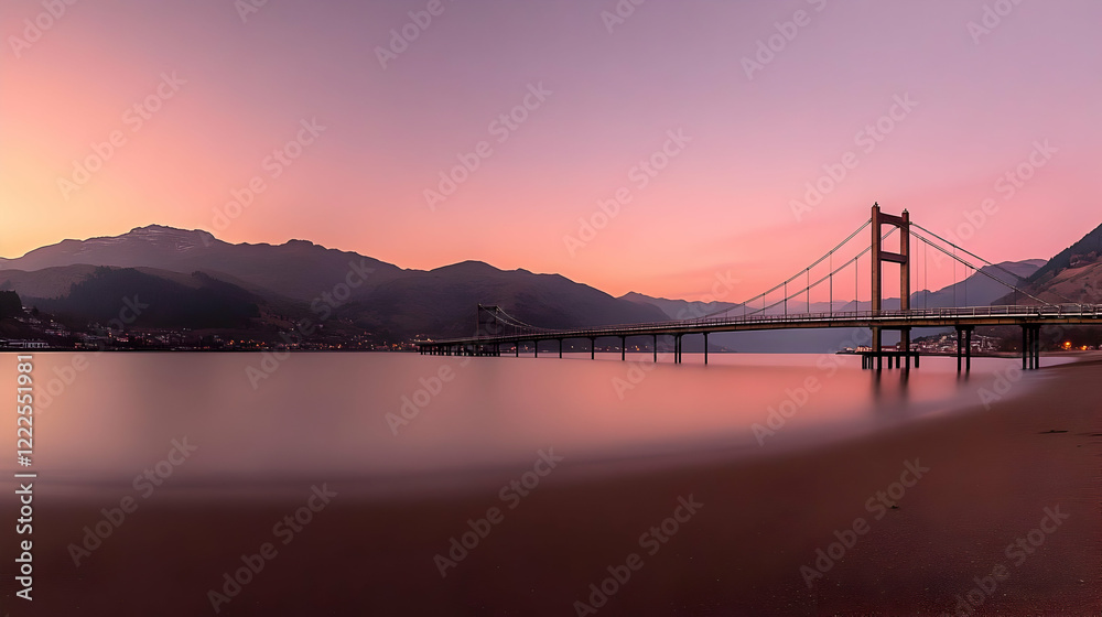 Long Exposure of a Bridge over Calm Water at Sunset with Mountains in the Background Long Exposure of a Bridge over Calm Water at Sunset with Mountains in the Background