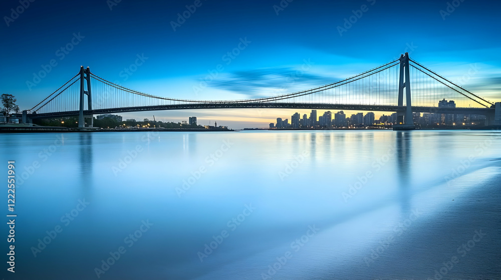 Suspension Bridge Spans Serene Waters at Dusk with City Skyline Beautifully Reflected Suspension Bridge Spans Serene Waters at Dusk with City Skyline Beautifully Reflected
