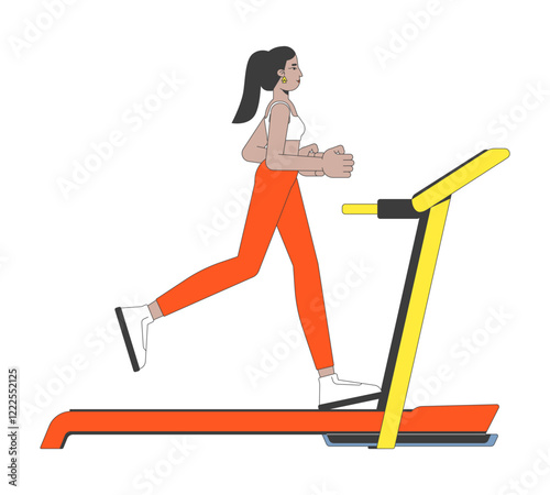 Middle eastern woman running on treadmill 2D cartoon character. Exercise machine. Athletic female wearing leggings top isolated person flat vector on white background. Spot illustration colorful