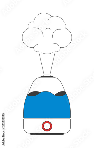 Humidifier releasing steam 2D cartoon object. Air purifier. Home appliance. Wellness device. Indoor air care. Health gadget isolated element flat vector clipart on white background. Spot illustration