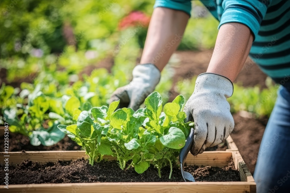 Fototapeta premium Woman s Hands Gently Planting Seedlings in Raised Garden Bed, Spring Gardening Concept.