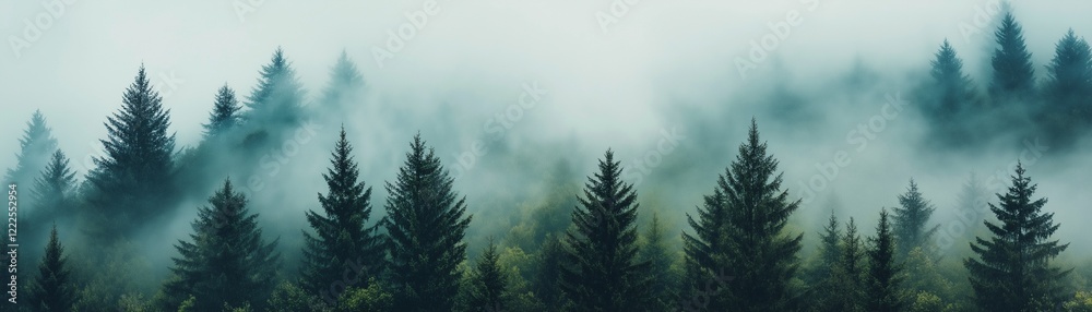A dense forest shrouded in a thick layer of fog. A dense forest shrouded in a thick layer of fog.