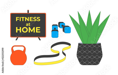 Fitness at home accessories 2D cartoon objects set. Kettlebell, resistance band, dumbbells, houseplant isolated elements flat vector cliparts on white background. Spot illustrations collection
