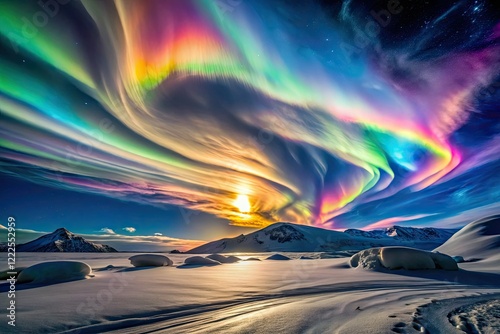 Iridescent nacreous clouds, a vibrant macro polar stratospheric display, shimmer alongside the aurora borealis. photo